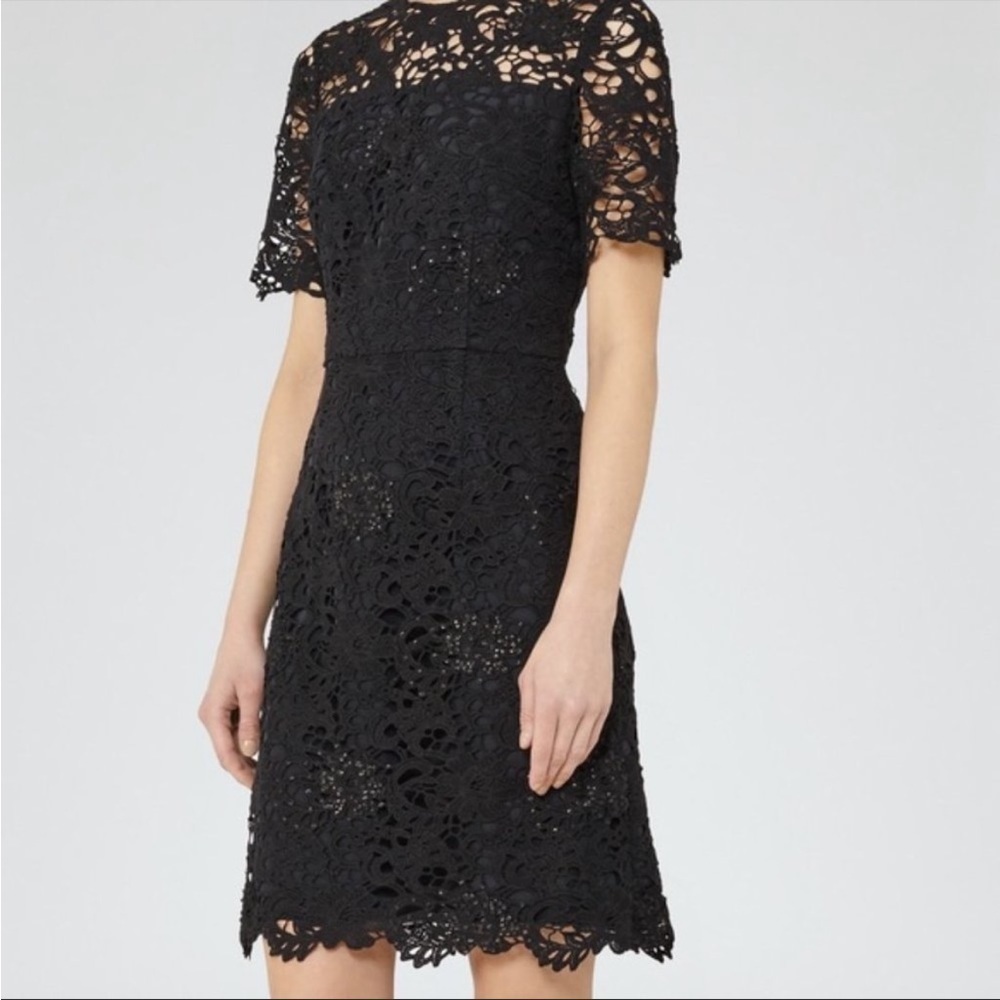 REISS Lina Floral Lace Fit and Flare A Line Sequin Sheer Sleeve Cocktail Dress 4